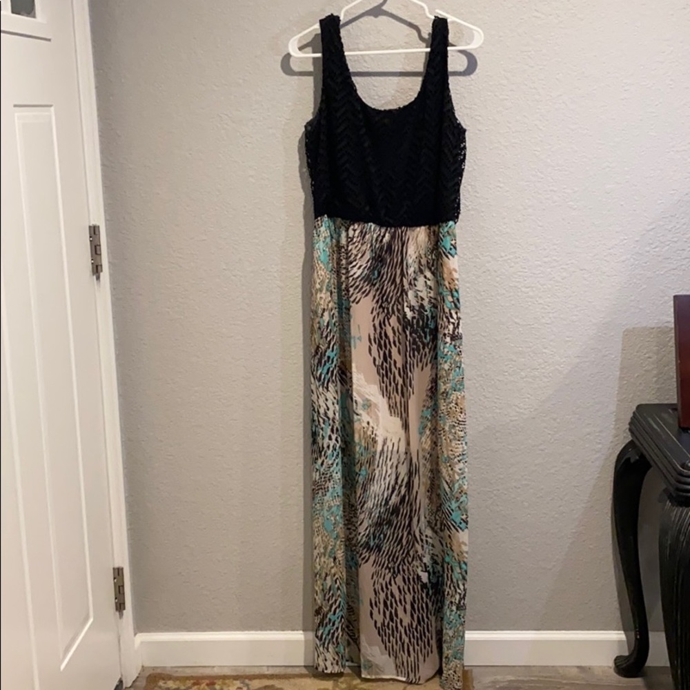 Black/Tan/Aqua maxi dress
